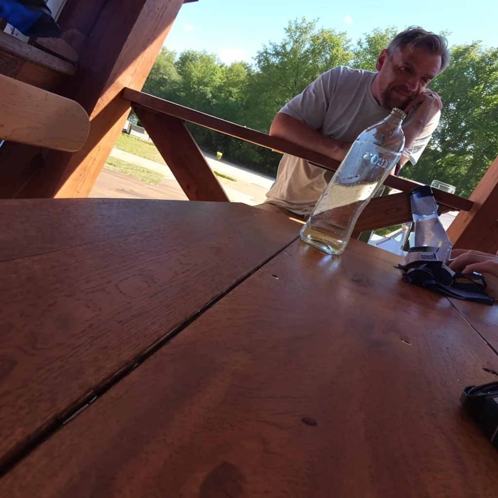 there is a man sitting at a table with a bottle of water, on a wooden table, sitting at table, sitting on the table, sitting on a table, on a table, shot on gopro9, sitting at a table, table, sitting at the table, shot from far away, pov photo, on wooden table, not blurry, beers on the table