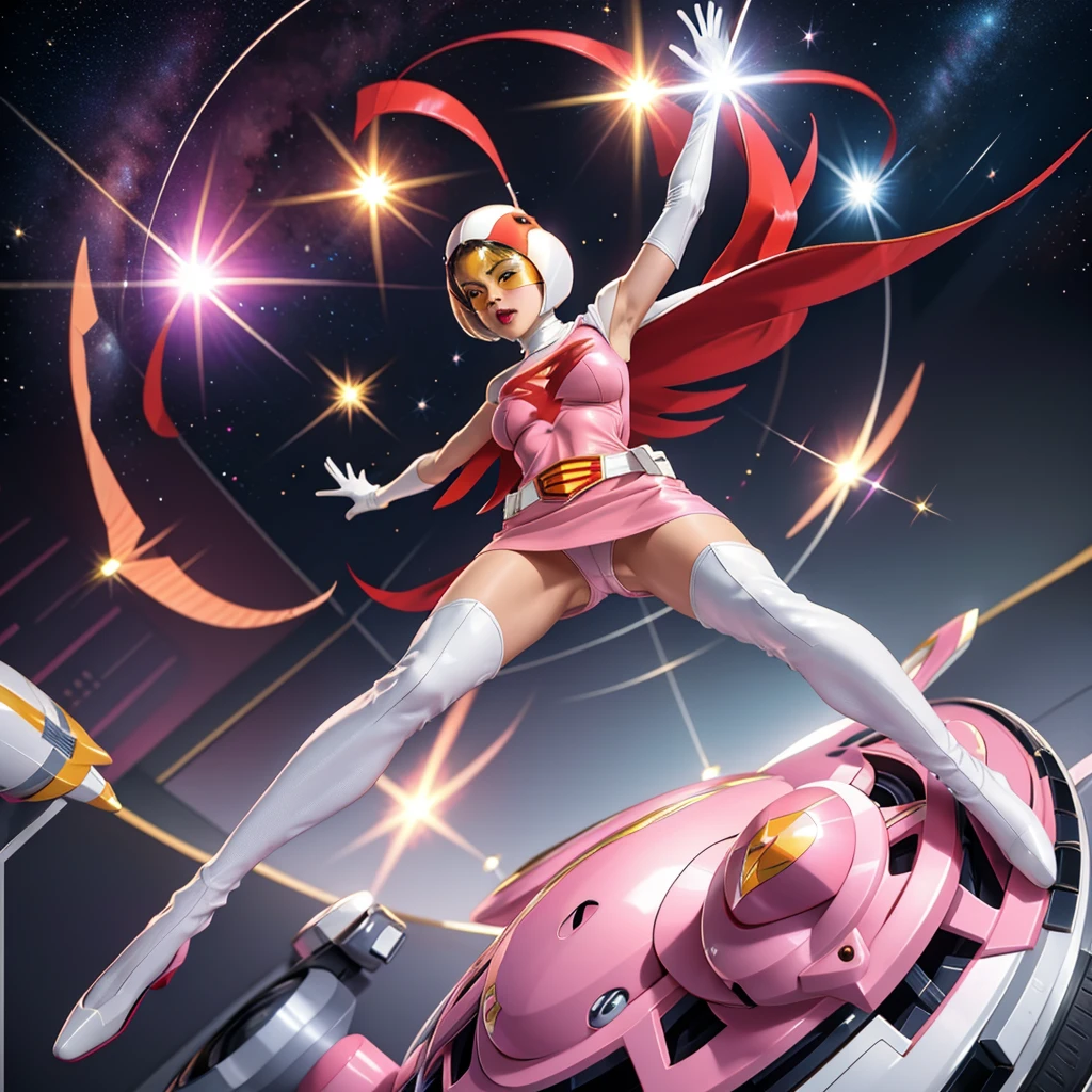 ANI_CLASSIC_jun_gatchaman_ownwaifu,1girl, yo,good anatomy, masterpiece, best quality, realistic, hyper realistic, 16k hdr, breasts, large breasts, lipstick, makeup, gloves, cape, helmet, belt, elbow gloves, white gloves, mask, ultra miniskirt, leotard, spacesuit, white tight overknee highheel boots, pink dress, superhero, bodysuit, cleavage, erected nipples,(sexy pose, from below:1.2),(spread legs:1.1),cameltoe