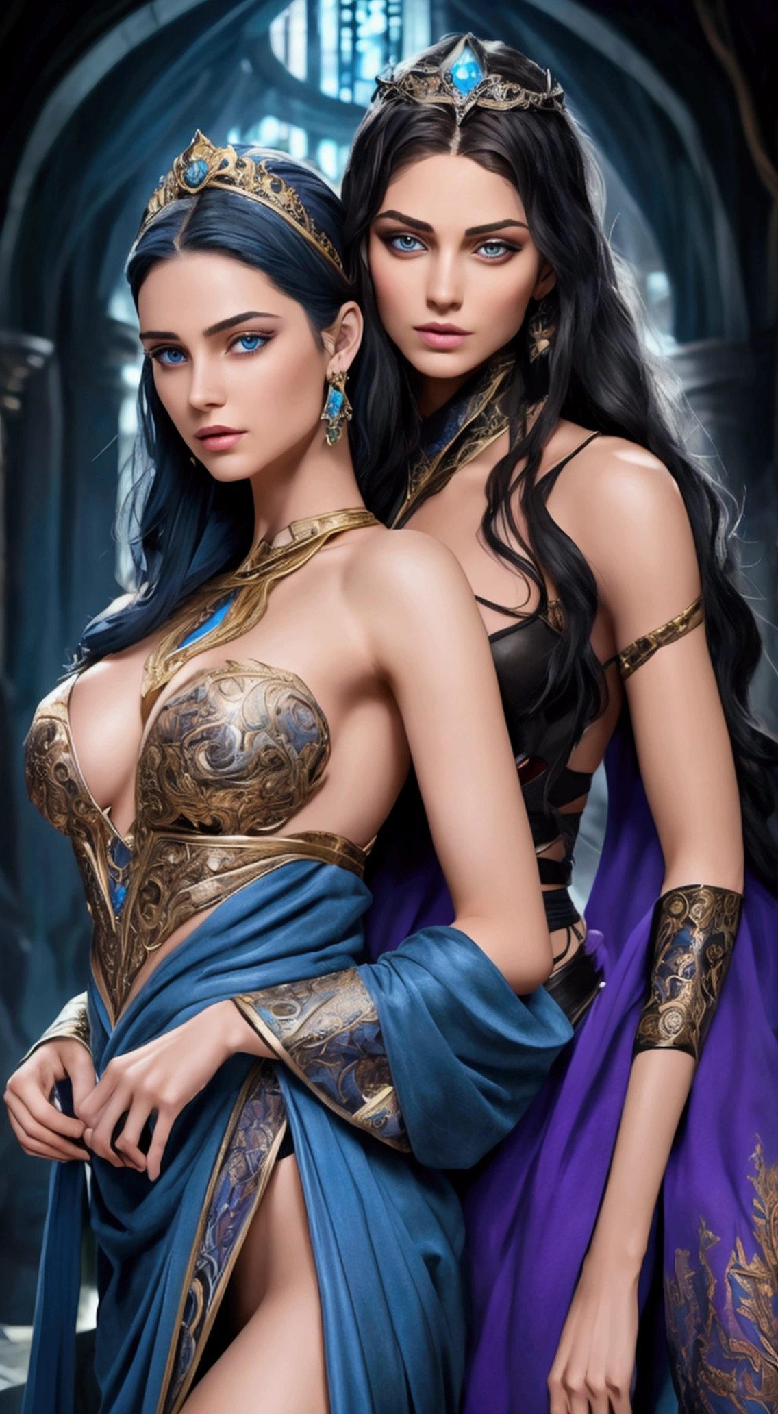 Create an image of a couple of fantasy characters, ultra-detailed, high-quality, work of art, detailed face, beautiful eyes (detailed eyes), Greek mythology, Goddess, Hera, the queen of the gods, striking and captivating, with classic beauty, high cheekbones, a face with perfect proportions, eyes depicted as large and captivating, maintaining an intense gaze. The woman, Feyre, is tall, slender, with a strong body, she has pale skin, long, wavy, dark brown hair cascading down her back, blue-gray eyes. She is wearing elegant robes adorned with intricate patterns. The man, Rhysand, has black-blue hair, gray eyes, his body is notably muscular, characteristic of an Illyrian warrior, he has a very sexy tan, and they are both wearing purple and blue clothing symbolizing the Night Court. They are in a fantastical setting that reflects the magical nature of their world. Their beauty not only reflects their physical appearance but embodies the essence of power, authority, and royalty.