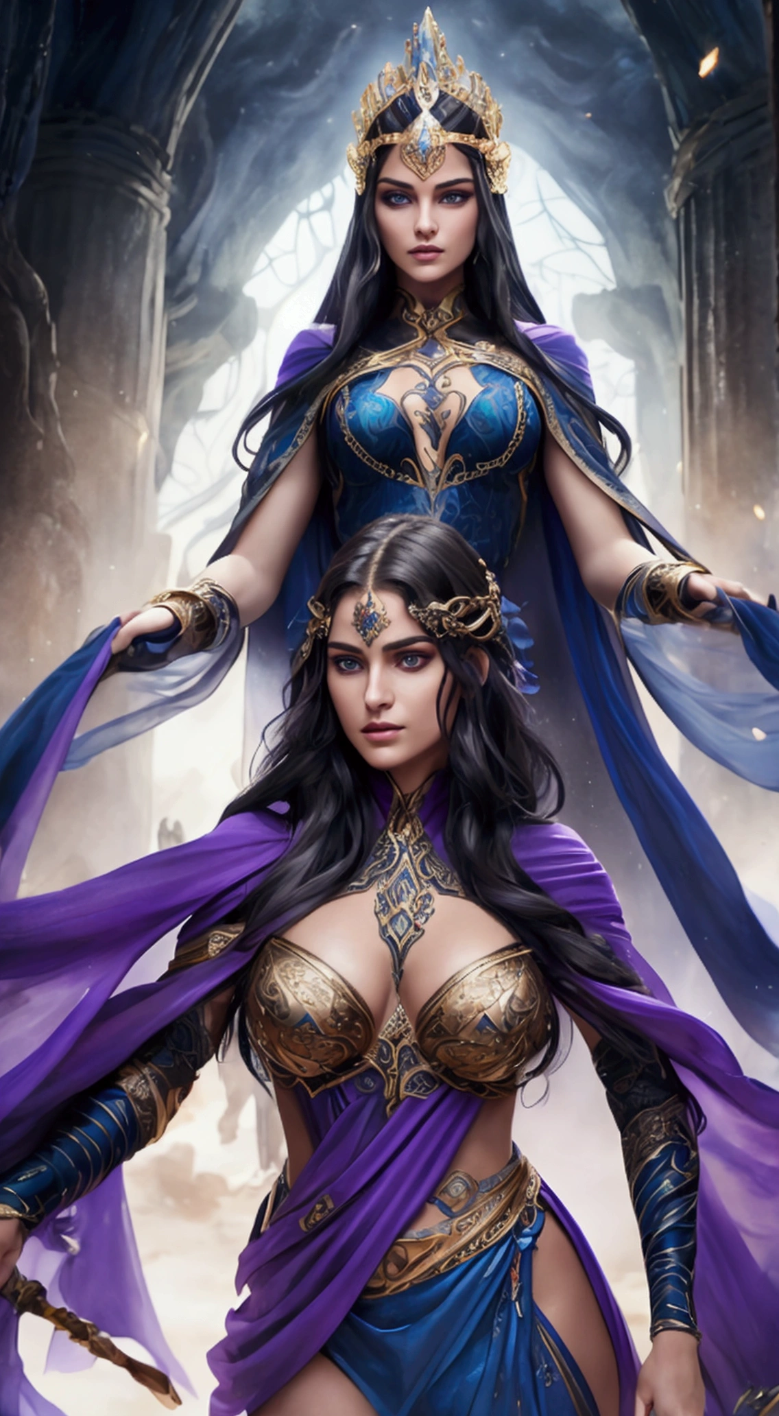Create an image of a couple of fantasy characters, ultra-detailed, high-quality, work of art, detailed face, beautiful eyes (detailed eyes), Greek mythology, Goddess, Hera, the queen of the gods, striking and captivating, with classic beauty, high cheekbones, a face with perfect proportions, eyes depicted as large and captivating, maintaining an intense gaze. The woman, Feyre, is tall, slender, with a strong body, she has pale skin, long, wavy, dark brown hair cascading down her back, blue-gray eyes. She is wearing elegant robes adorned with intricate patterns. The man, Rhysand, has black-blue hair, gray eyes, his body is notably muscular, characteristic of an Illyrian warrior, he has a very sexy tan, and they are both wearing purple and blue clothing symbolizing the Night Court. They are in a fantastical setting that reflects the magical nature of their world. Their beauty not only reflects their physical appearance but embodies the essence of power, authority, and royalty.