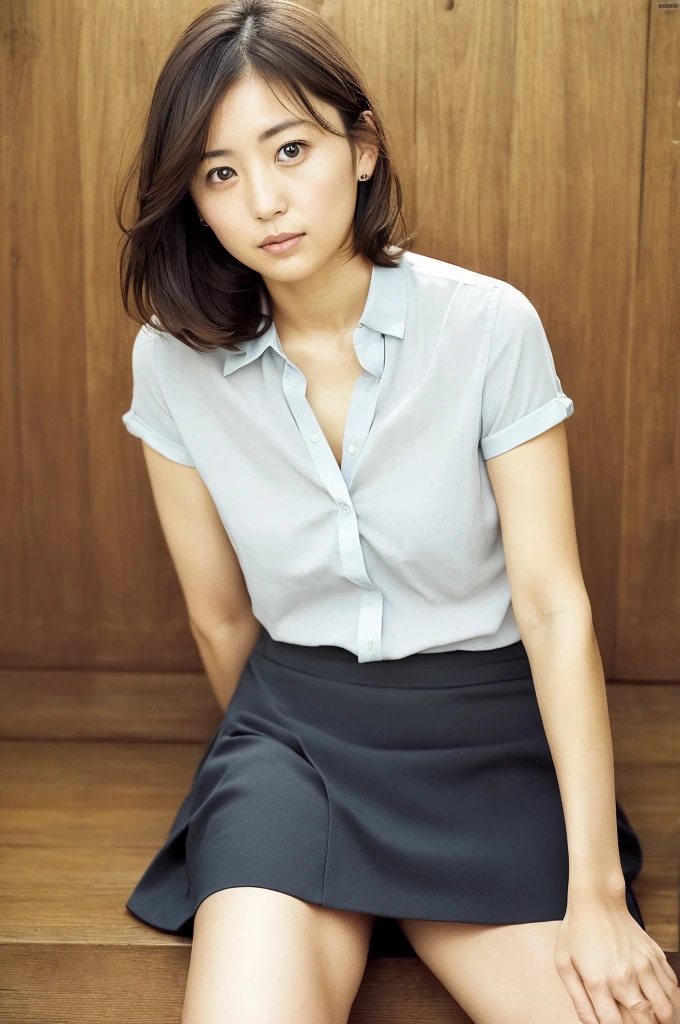 (((One girl,alone))),(Highly realistic photos, High resolution, Detailed face, Beautiful Eyes) Japanese women, 30 years old, Cute Face, alone:1, Nice body, Medium chest, ,Hairstyle,  Take a photo book,,Healthy Body,Thighs、Hold the hem of a skirt、turn over、I can see her panties