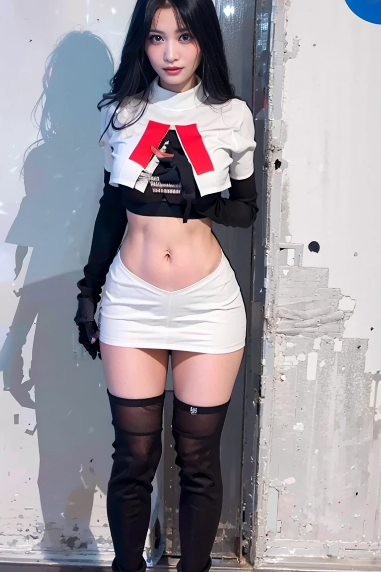 "1girl,photo of momo, brown hair,best quality, team rocket,team rocket uniform, red letter R, white skirt,white crop top,black thigh-highs, black elbow gloves,(detailed face:1.4), (looking at viewer:1.4), shiny skin, smile, breast grab, city at night background ,(full body:1)