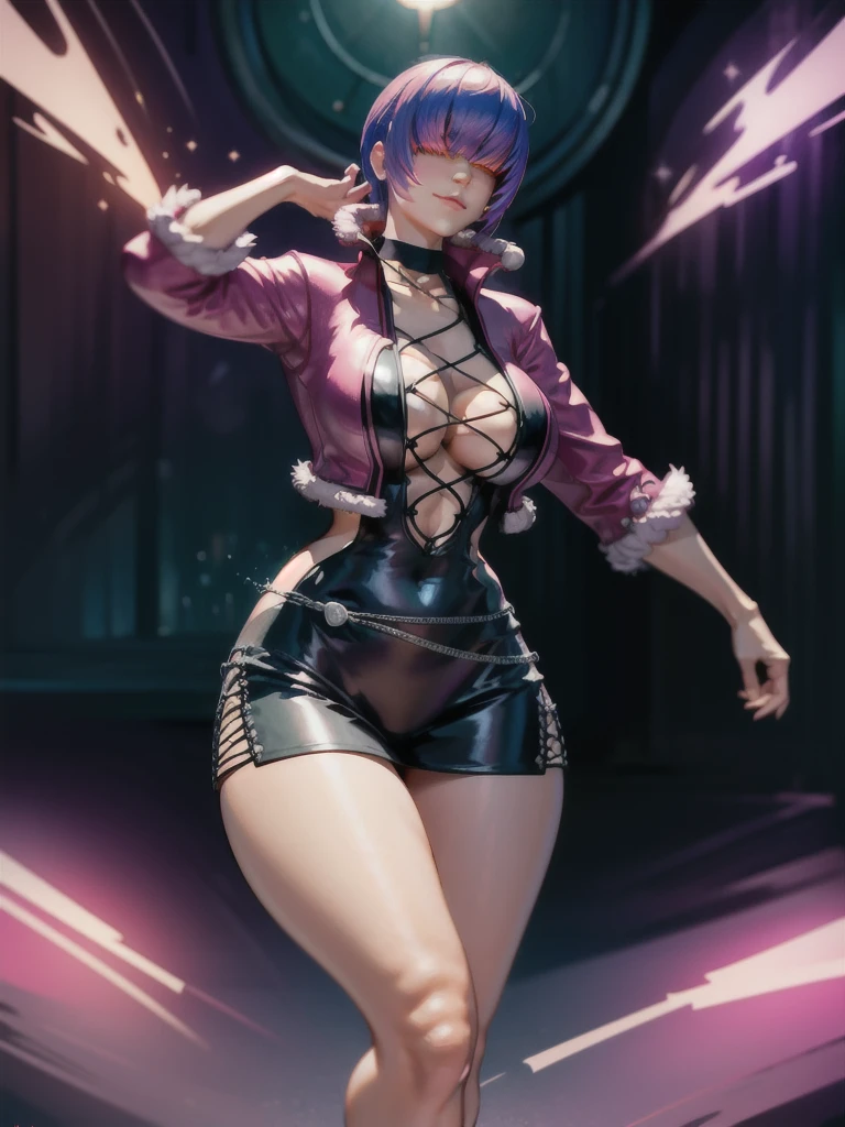 (night),in a video game scene with a neon background and a neon light, Standing at attention, pink outfit,pink jacket,choker, cleavage cutout, clothing cutout, earrings, purple hair,bangs,((hair over eyes)), 1 girl, 20yo,Young female,Beautiful Finger,Beautiful long legs,Beautiful body,Beautiful Nose,Beautiful character design, perfect face, looking at viewer,(Focus on her face),closed mouth,Light_Smile, official art,extremely detailed CG unity 8k wallpaper, perfect lighting,Colorful, Bright_Front_face_Lighting,shiny skin, (masterpiece:1.0),(best_quality:1.0), ultra high res,4K,ultra-detailed, photography, 8K, HDR, highres, absurdres:1.2, Kodak portra 400, film grain, blurry background, bokeh:1.2, lens flare, (vibrant_color:1.2),professional photograph, (Beautiful,large_Breasts:1.4), (beautiful_face:1.5),(narrow_waist),
