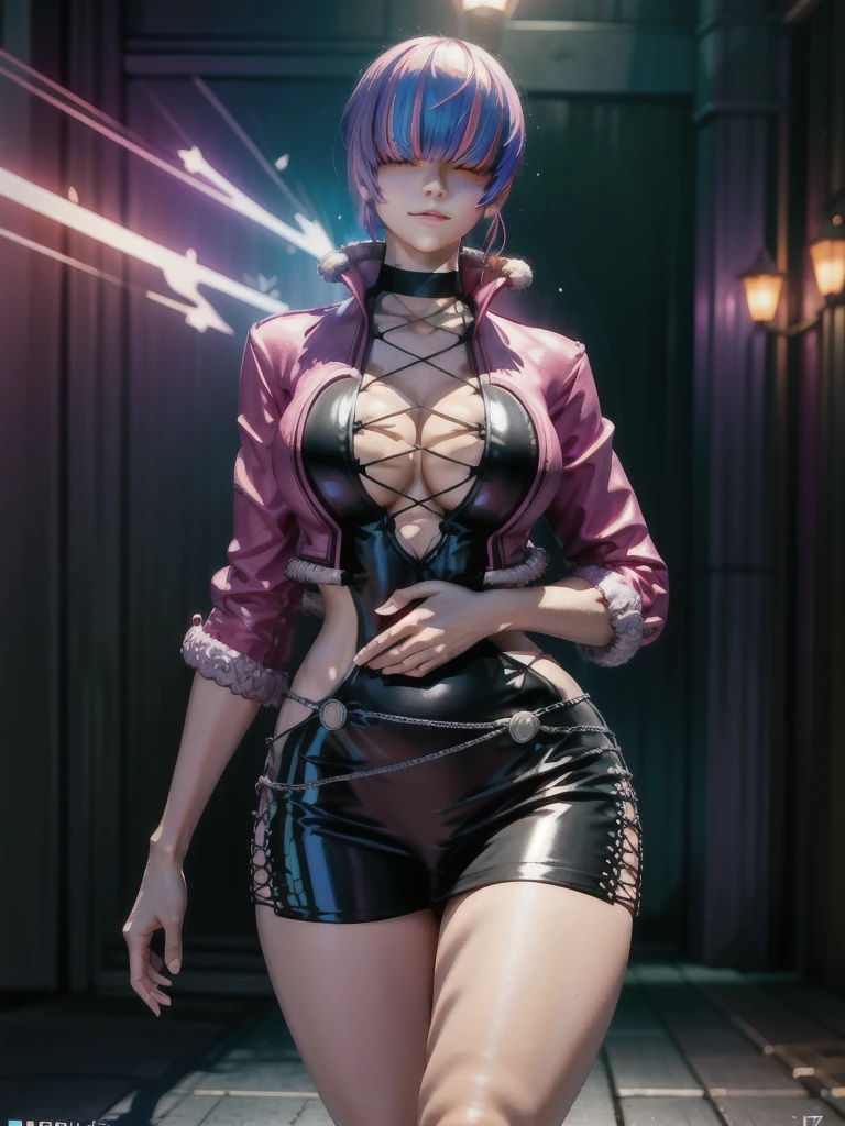 (night),in a video game scene with a neon background and a neon light, Standing at attention, pink outfit,pink jacket,choker, cleavage cutout, clothing cutout, earrings, purple hair,bangs,((hair over eyes)), 1 girl, 20yo,Young female,Beautiful Finger,Beautiful long legs,Beautiful body,Beautiful Nose,Beautiful character design, perfect face, looking at viewer,(Focus on her face),closed mouth,Light_Smile, official art,extremely detailed CG unity 8k wallpaper, perfect lighting,Colorful, Bright_Front_face_Lighting,shiny skin, (masterpiece:1.0),(best_quality:1.0), ultra high res,4K,ultra-detailed, photography, 8K, HDR, highres, absurdres:1.2, Kodak portra 400, film grain, blurry background, bokeh:1.2, lens flare, (vibrant_color:1.2),professional photograph, (Beautiful,large_Breasts:1.4), (beautiful_face:1.5),(narrow_waist),
