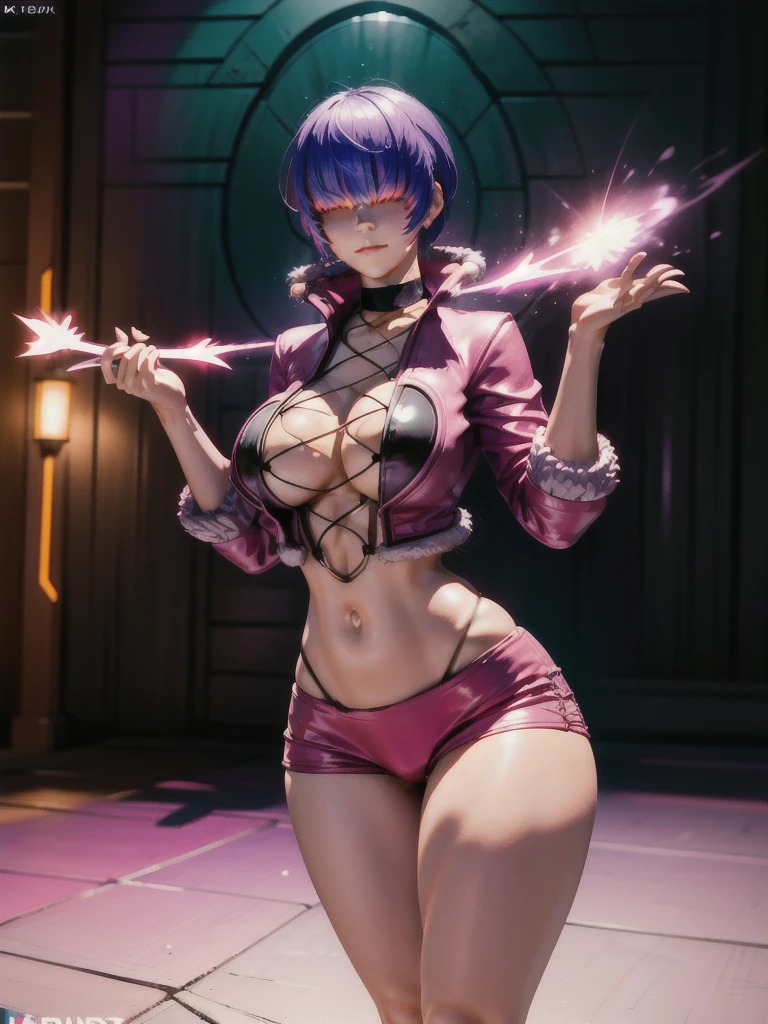 (night),in a video game scene with a neon background and a neon light, Standing at attention, pink outfit,pink jacket,choker, cleavage cutout, clothing cutout, earrings, purple hair,bangs,((hair over eyes)), 1 girl, 20yo,Young female,Beautiful Finger,Beautiful long legs,Beautiful body,Beautiful Nose,Beautiful character design, perfect face, looking at viewer,(Focus on her face),closed mouth,Light_Smile, official art,extremely detailed CG unity 8k wallpaper, perfect lighting,Colorful, Bright_Front_face_Lighting,shiny skin, (masterpiece:1.0),(best_quality:1.0), ultra high res,4K,ultra-detailed, photography, 8K, HDR, highres, absurdres:1.2, Kodak portra 400, film grain, blurry background, bokeh:1.2, lens flare, (vibrant_color:1.2),professional photograph, (Beautiful,large_Breasts:1.4), (beautiful_face:1.5),(narrow_waist),
