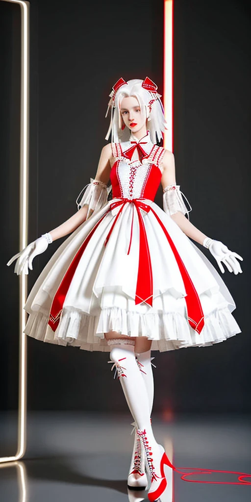 1 girl. One. White hair, porcelain skin and beautiful appearance. A slim body. Height 168cm. Dressed in a light fantasy ****ta dress. black, white and red color dress. White gloves. Long white and red knee-high stockings and boots. ideal figure. a high resolution. detailing. 