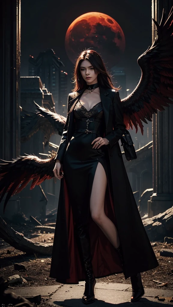 Develop a novel that evokes a sense of power, mystery, and the dark journey of revenge.

The Central Figure should be a strong, determined young woman standing in the foreground. She should have an intense, resolute expression, .
The woman is dressed in a sleek, black, elegant  Mafia boss outfit 

The background a shadowy, a big and opulent mansion, partially covered by darkness.

There should be broken chains at her feet, 
 There should be a faint image of a phoenix rising in the background, symbolizing her rebirth and rise from the ashes.
 Subtle blood-red elements (like a blood-red moon or accents in her clothing) 
There should a color Scheme that will be dark, moody tones with contrasts of deep reds and blacks to create a sense of tension and drama.