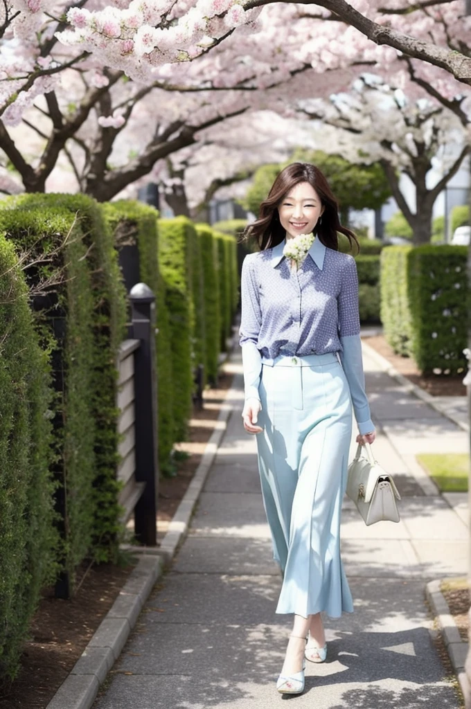 spring　Sprouting plants　springの花　A woman strolling　Beautiful and slender in her 30s