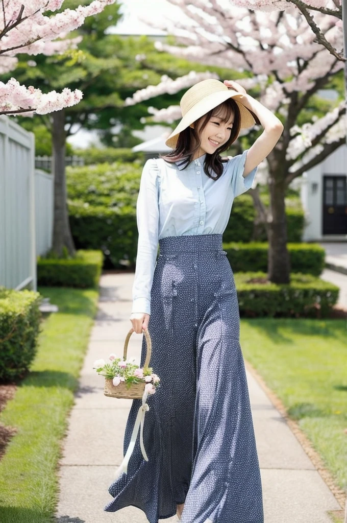 spring Sprouting plants springの花 A woman strolling Beautiful and slender in her 30s
