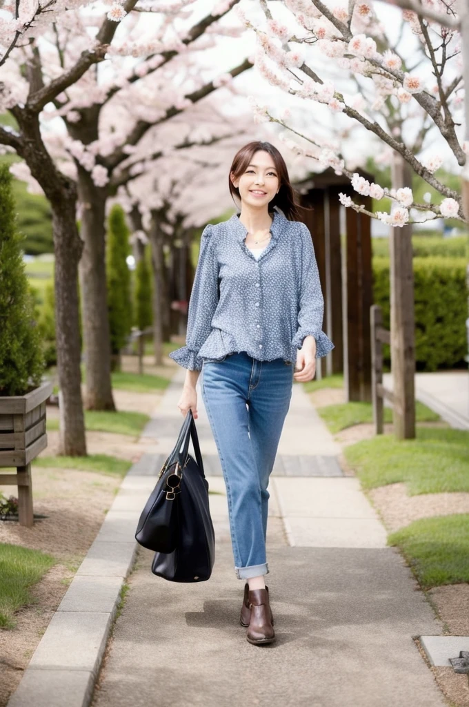 spring Sprouting plants springの花 A woman strolling Beautiful and slender in her 30s