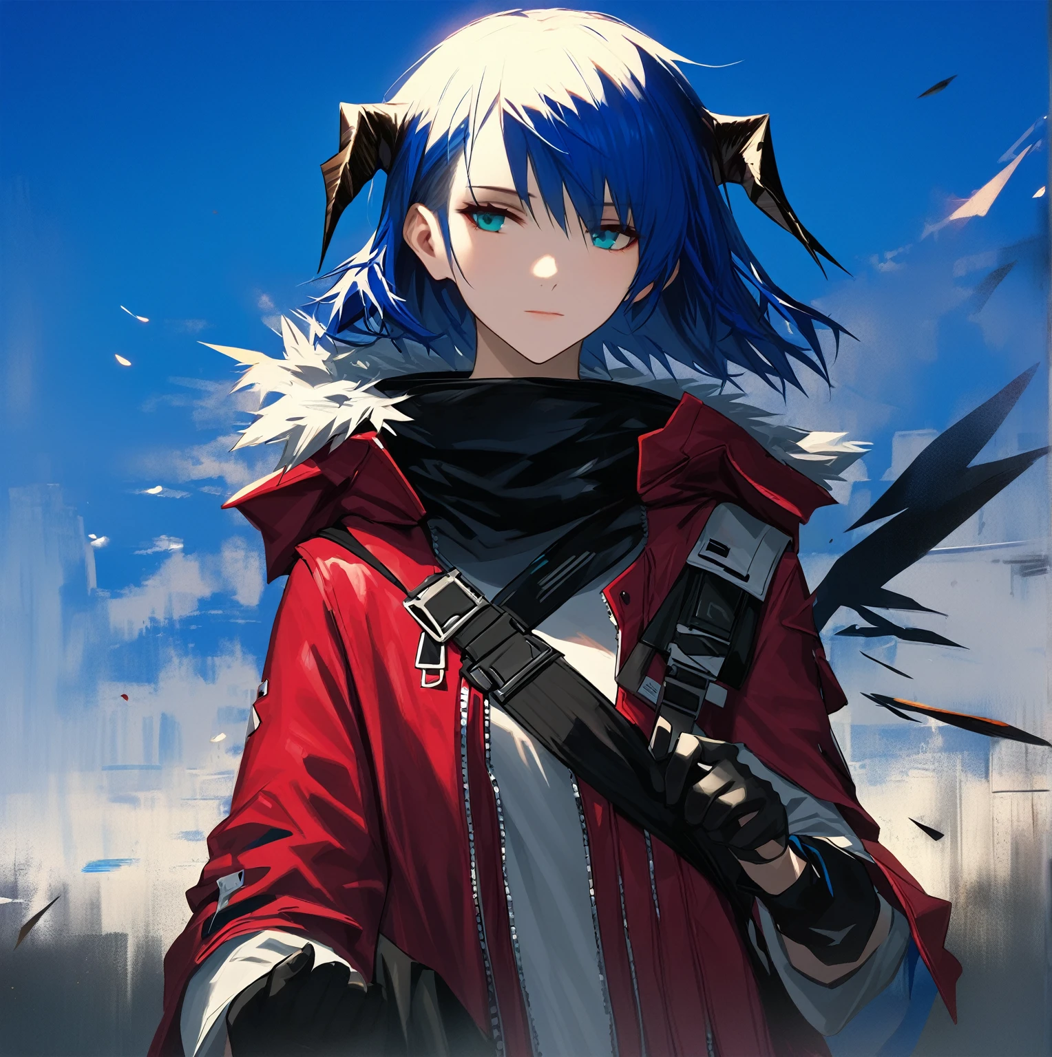 (woman), ((Mostima from arknights)), masterpiece, best quality, blue hair, ((short hair)), horns, plain white shirt, red fullbody coat, dark blue eyes, realistic anime style, faint smile, ((portrait)), black gloves, carring a bag.