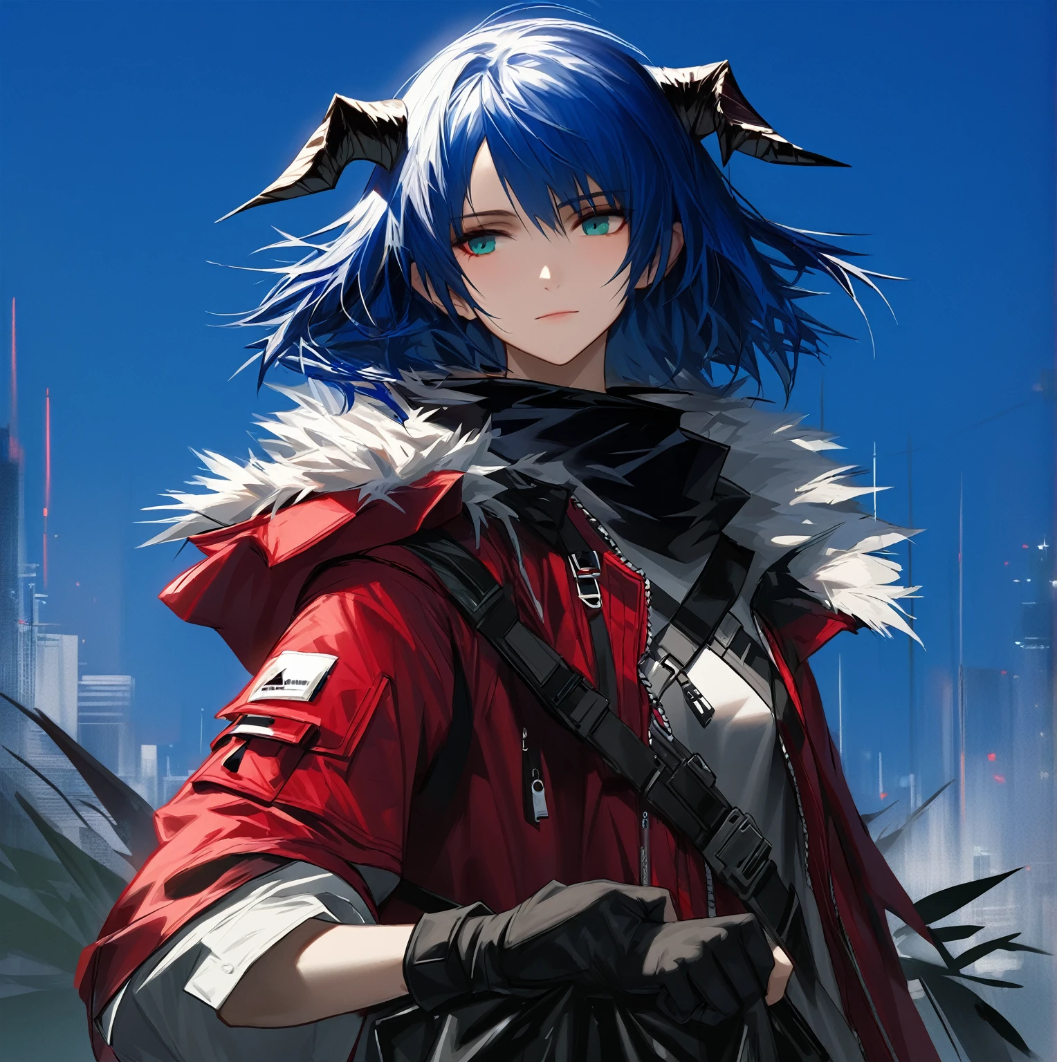 (woman), ((Mostima from arknights)), masterpiece, best quality, blue hair, ((short hair)), horns, plain white shirt, red fullbody coat, dark blue eyes, realistic anime style, faint smile, ((portrait)), black gloves, carring a bag.