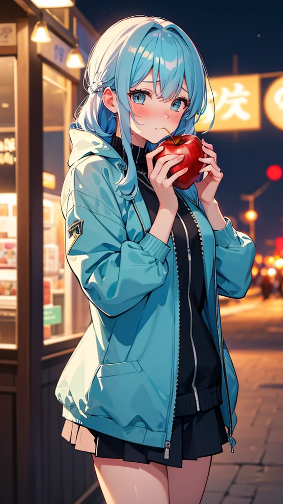 Wearing a souvenir jacket、woman、Eating an apple、Night Port、Embarrassed expression、 light blue hair, ear blush, full blush, Draw a clear face, Sea-view harbor, Eat an apple, Embarrassed face, Blushing, anime, cinematic lighting, UHD, highres, best quality, 8k