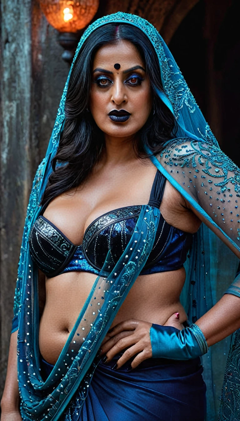 Looks like Mahie Gill, full body Closeup shot, Big chubby aunty, milf, cougar lady witch, horny Gothic milf, 70 years old gorgeous mature lady, pervert demoness, demoness of lust, curvy, black lips, horny face, extremely gorgeous, thick figure, heavy physique, voluptuous, curvy, sexy figure, Fashionable portrait of androgynous alien looking witch wearing veil, glowing eyes, futuristic design, minimal details, givenchy, photoreal, 200mm, hd, f/ 2.0, highly detailed, surreal, sexy beautiful evil woman, sexy bold sequin Saree with strapless Bra, chudail, Pishachini, horror genre, blood-thirsty enchantress, powerful female spirit, eerie, drop dead, in the style of red and blue, (intricate details, hyperdetailed:1.15) (skin texture:1.2), dark Moody tone, cinematic lighting, haunted place in background,