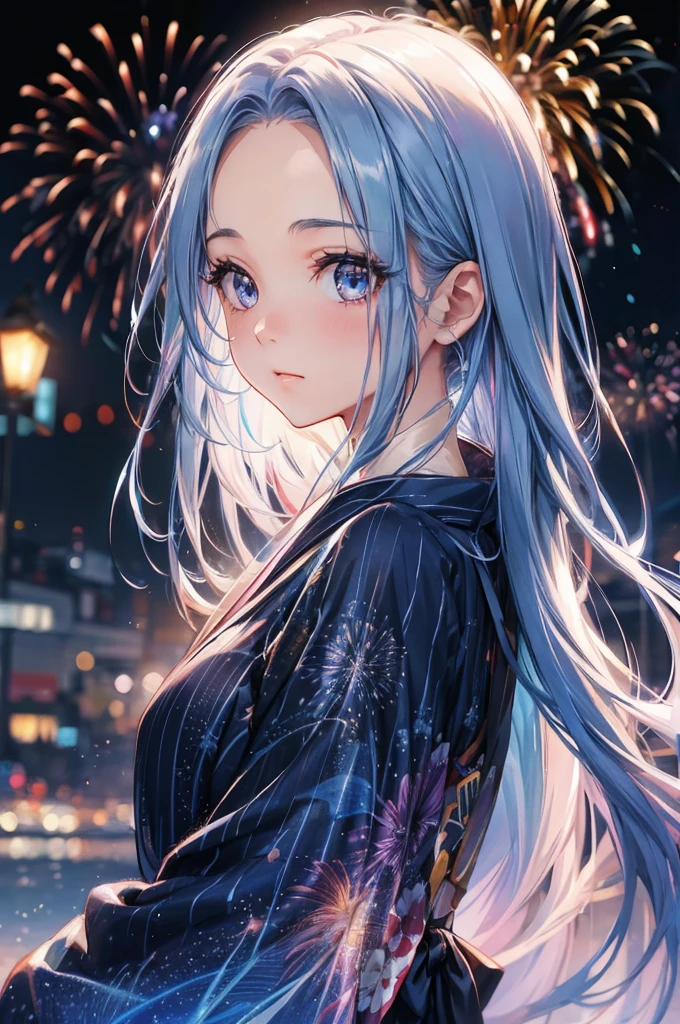 (immensely beautiful many fireworks), (double exposure:1.2 fireworks in her's pupil), (a forehead blue hair long hair cute girl, in a exposure yukata, small tits), BREAK, 16k, beautiful detailed silhouette.