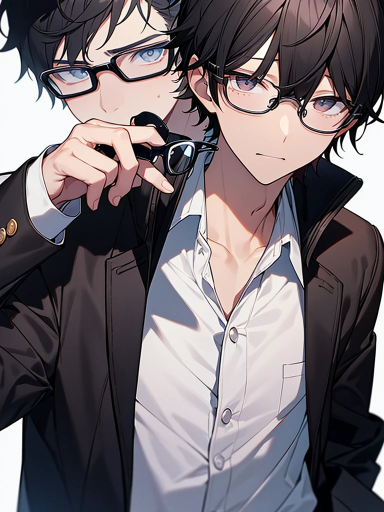Black-haired, nerdy young man, white shirt, jacket, dark background, dumbfounded face, wrinkles on brow, glasses