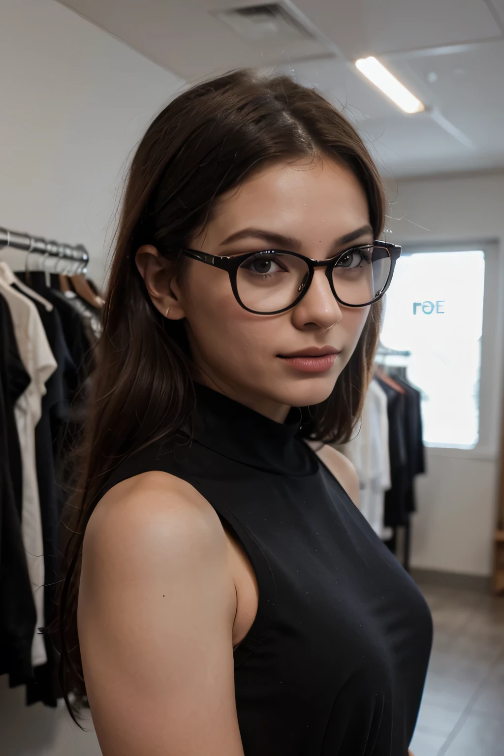 Create an image to show on the cover of my eyewear store reels, an elegant woman wearing black glasses, looking beautiful and well dressed in black clothes.