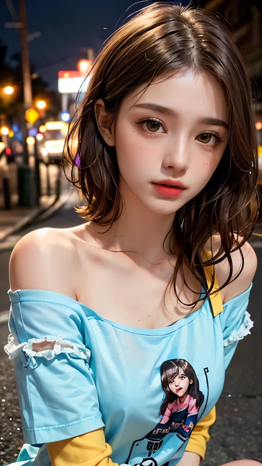He is wearing a colorful, oversized yellow T-shirt.., Highest quality, masterpiece, Ultra-high resolution, (Realistic:1.4), RAW Photos, One Girl, Off the shoulder, In the Dark, Deep Shadow, Moderate, Night Alley, short hair, roadside, Sitting, 20-year-old,Cute Face, Tight shirt,(head shot:1.5)
