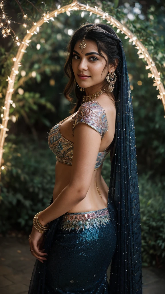(((Stunningly Beautiful Indian Princesss ))), elegant blue black updo hair, sweet smile, Beautiful bride posing under a fairy tale arch of exotic magical flowers, looking back,elaborate scene style, crystal glass lattice, glitter, transparent embroidered lace, realistic style, 8k,exposure blend, medium shot, bokeh, (hdr:1.4), (cinematic), ( dark tones:1.3), (hyperdetailed:1.2),Realism,1 girl,girl wearing indian saree(dressed in transparent saree)(wearing glitter graphics jewelry)big ,Sexy medium Breast,nipple,bright light ,long_hair, Bokeh ,nsfw , indian ,tree branch, colourfull ,undersized bra,princess dress,lehenga choli