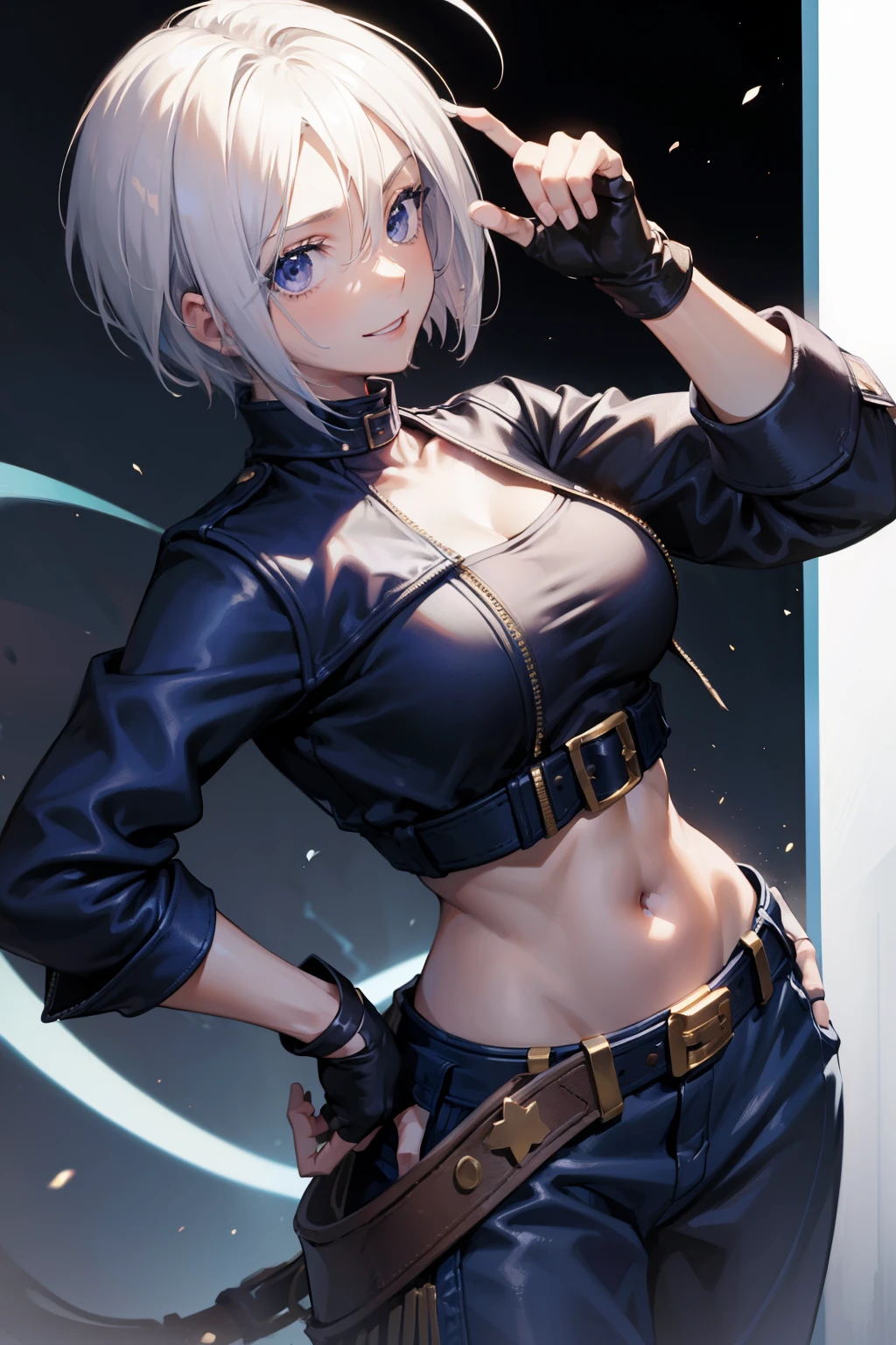 (masterpiece), best quality, expressive eyes, perfect face, highres, 1girl, solo, angelms, white hair, jacket, ahoge, fingerless gloves, midriff, hands to hips, leaning forward, smiling, fanstasy background, particles, magic, standing,cowboy shot, looking at the viewer, from front