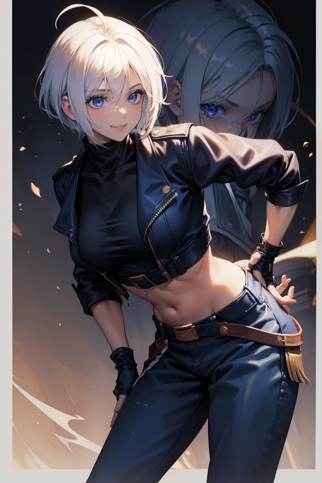 (masterpiece), best quality, expressive eyes, perfect face, highres, 1girl, solo, angelms, white hair, jacket, ahoge, fingerless gloves, midriff, hands to hips, leaning forward, smiling, fanstasy background, particles, magic, standing,cowboy shot, looking at the viewer, from front