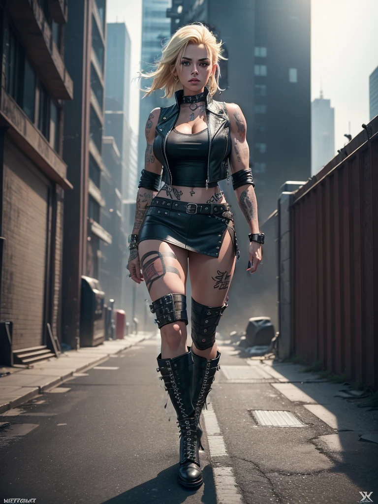 full body shot, super muscular physique and .,wearing an open black leather vest..,short skirt and heavy boots, She has a punk rock look and blonde hair.. . Tattoos all over her body highlight her experienced nature....., Hyper-realistic close-up photo of Scarlet Chase, masterpiece, Best quality, (photorealistic:1.4), Create dystopian masterpieces. Capture the cityscape in game'gritty concept art.. This work should evoke a feeling of abandonment and despair in a futuristic world.., post-apocalyptic peace. Pay attention to fine details, Sharp Focus.