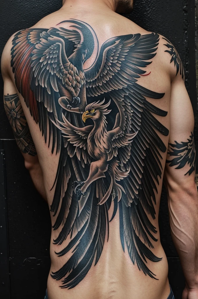 Tattoo of a phoenix in large black ink on a man's back