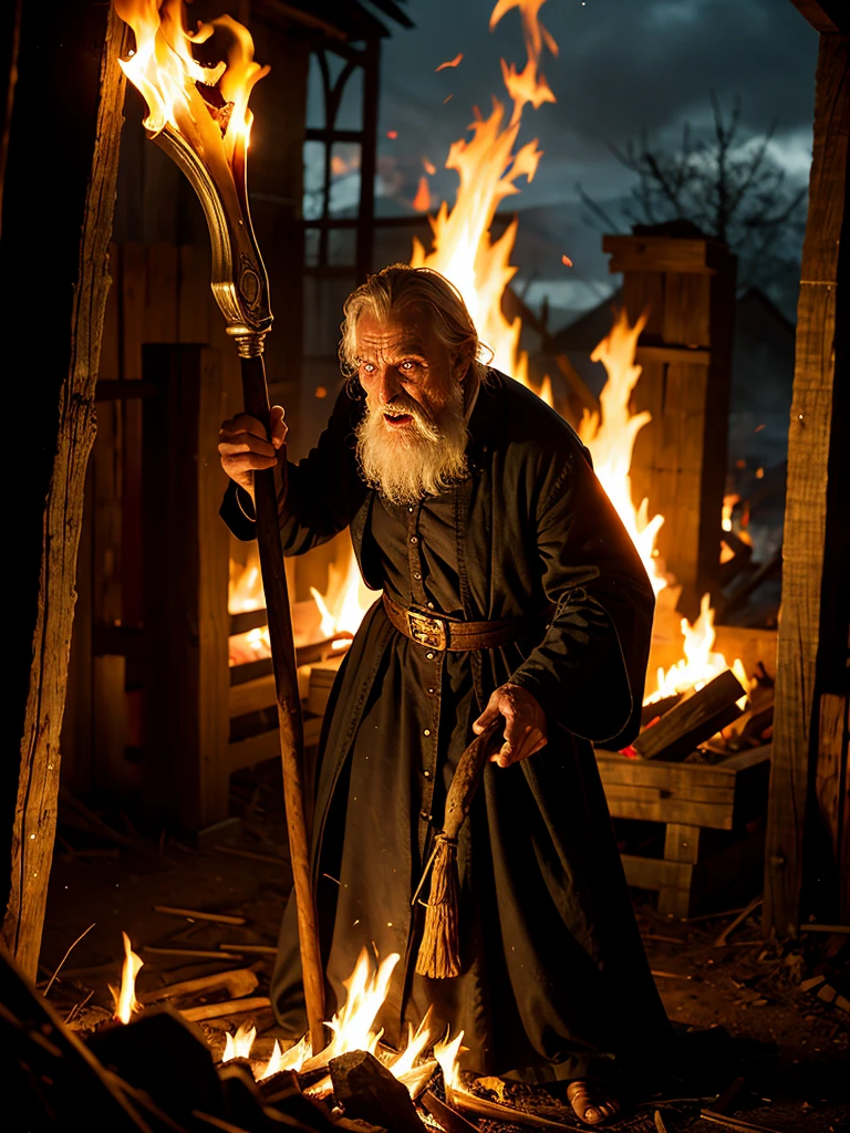 old sorcerer being burned at the stake, burning corpse, horror in the eyes, scary photo