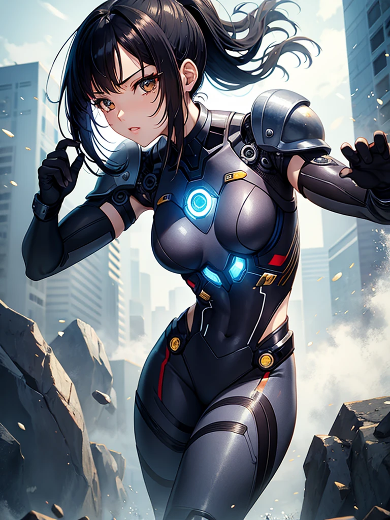 Cyborg Suit、17 years old、beautiful girl、ponytail、Black Hair、fight