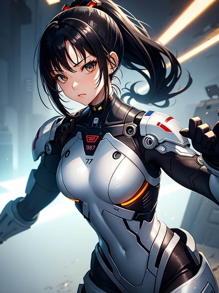 Cyborg Suit、、beautiful girl、ponytail、Black Hair、fight