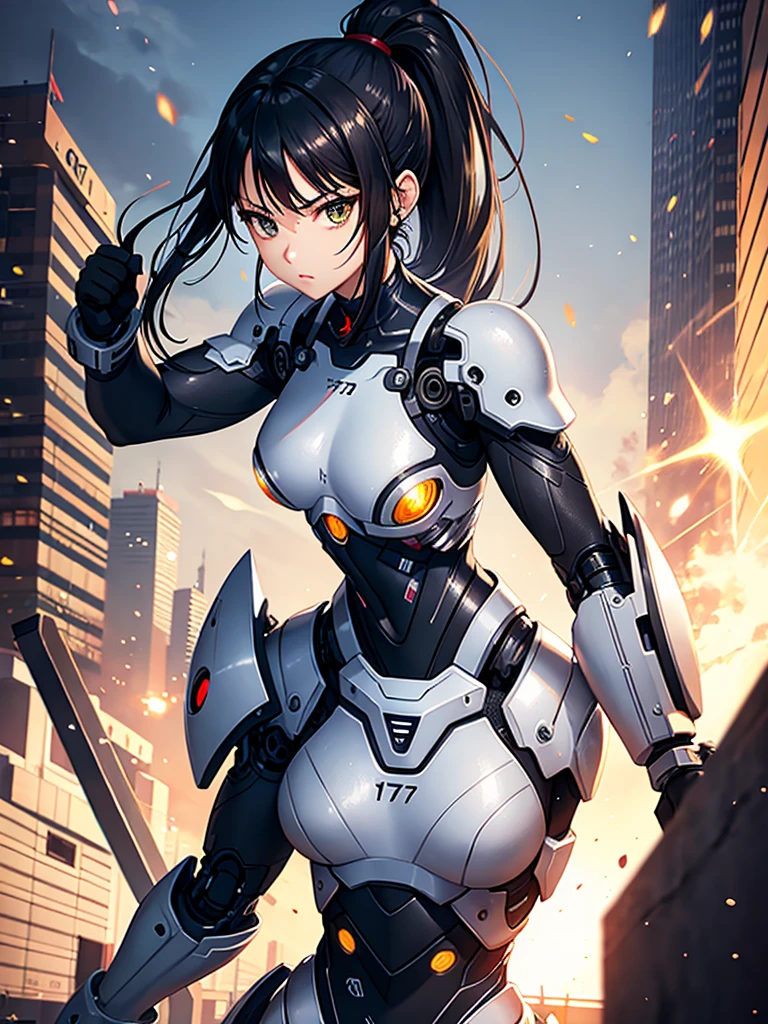 Cyborg Suit、17 years old、beautiful girl、ponytail、Black Hair、fight