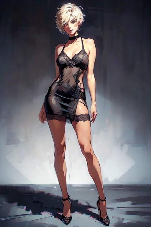 ((full body:1.4)).(rule of thirds:1.4), ((ultra realistic illustration:1.2)),Athletic blonde woman, (short hair), tomboy, cute, ((smile)), sexy, smoky eye, choker, sheer lace black minidress, high heels.Masterpiece, best quality,(highly detailed:1.2),(detailed face and eyes:1.2), 8k wallpaper, depth of field, natural lighting. core shadows, high contrast, bokeh.