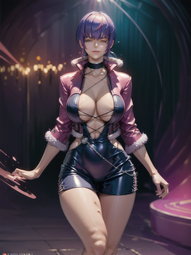 (night), in a video game scene with a neon background and a neon light,
Standing at attention,
pink suit, pink jacket, choker, neckline, clothing cut, 
earrings, purple hair, she has long bangs in her hair that cover her eyes ((hair over eyes)),
1 girl, 20 years old, Young woman, Beautiful finger, Beautiful long legs, Beautiful body, Beautiful nose, Beautiful character design, perfect face,
looking at viewer (focusing on his face), mouth closed, Light_Smile,
official art, extremely detailed CG unity 8k wallpaper, perfect lighting, colorful, bright front lighting, shiny skin,
(masterpiece: 1.0), (best_quality: 1.0), ultra-high resolution, 4K, ultra-detailed,
photography, 8K, HDR, high resolution, absurdities:1.2, Kodak portra 400, film grain, blurred background, bokeh:1.2, lens flare, (vibrant_color:1.2), professional photography,
(Beautiful, breasts: 1.4), (beautiful_face: 1.5), (narrow_waist),