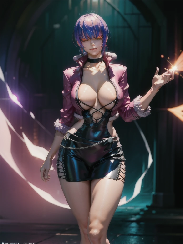 (night), in a video game scene with a neon background and a neon light,
Standing at attention,
pink suit, pink jacket, choker, neckline, clothing cut, 
earrings, purple hair, she has long bangs in her hair that cover her eyes ((hair over eyes)),
1 girl, 20 years old, Young woman, Beautiful finger, Beautiful long legs, Beautiful body, Beautiful nose, Beautiful character design, perfect face,
looking at viewer (focusing on his face), mouth closed, Light_Smile,
official art, extremely detailed CG unity 8k wallpaper, perfect lighting, colorful, bright front lighting, shiny skin,
(masterpiece: 1.0), (best_quality: 1.0), ultra-high resolution, 4K, ultra-detailed,
photography, 8K, HDR, high resolution, absurdities:1.2, Kodak portra 400, film grain, blurred background, bokeh:1.2, lens flare, (vibrant_color:1.2), professional photography,
(Beautiful, breasts: 1.4), (beautiful_face: 1.5), (narrow_waist),