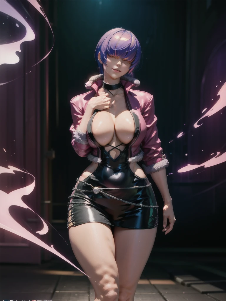 (night), in a video game scene with a neon background and a neon light,
Standing at attention,
pink suit, pink jacket, choker, neckline, clothing cut, 
earrings, purple hair, she has long bangs in her hair that cover her eyes ((hair over eyes)),
1 girl, 20 years old, Young woman, Beautiful finger, Beautiful long legs, Beautiful body, Beautiful nose, Beautiful character design, perfect face,
looking at viewer (focusing on his face), mouth closed, Light_Smile,
official art, extremely detailed CG unity 8k wallpaper, perfect lighting, colorful, bright front lighting, shiny skin,
(masterpiece: 1.0), (best_quality: 1.0), ultra-high resolution, 4K, ultra-detailed,
photography, 8K, HDR, high resolution, absurdities:1.2, Kodak portra 400, film grain, blurred background, bokeh:1.2, lens flare, (vibrant_color:1.2), professional photography,
(Beautiful, breasts: 1.4), (beautiful_face: 1.5), (narrow_waist),