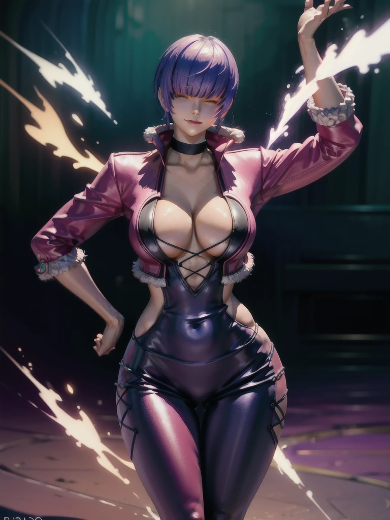 (night), in a video game scene with a neon background and a neon light,
Standing at attention,
pink suit, pink jacket, choker, neckline, clothing cut, 
earrings, purple hair, she has long bangs in her hair that cover her eyes ((hair over eyes)),
1 girl, 20 years old, Young woman, Beautiful finger, Beautiful long legs, Beautiful body, Beautiful nose, Beautiful character design, perfect face,
looking at viewer (focusing on his face), mouth closed, Light_Smile,
official art, extremely detailed CG unity 8k wallpaper, perfect lighting, colorful, bright front lighting, shiny skin,
(masterpiece: 1.0), (best_quality: 1.0), ultra-high resolution, 4K, ultra-detailed,
photography, 8K, HDR, high resolution, absurdities:1.2, Kodak portra 400, film grain, blurred background, bokeh:1.2, lens flare, (vibrant_color:1.2), professional photography,
(Beautiful, breasts: 1.4), (beautiful_face: 1.5), (narrow_waist),