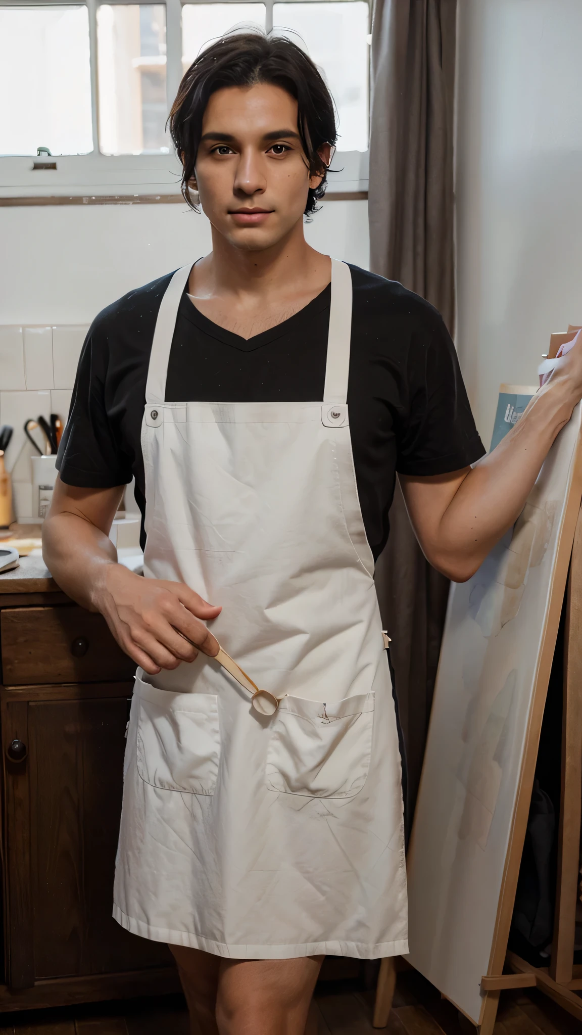 dark black hair england man, the process of drawing on canvas, brown eyes, wearing apron, detailed