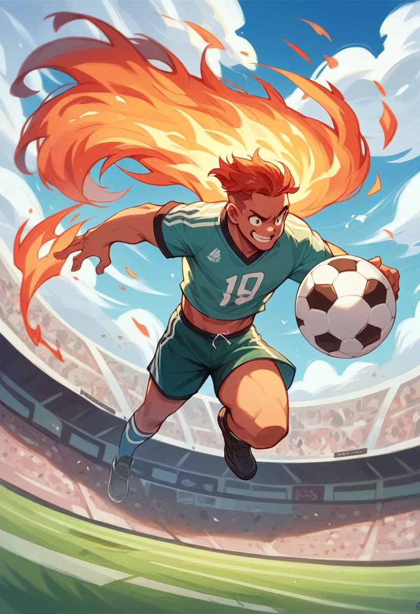 The thing about a soccer ball with green, white and red fire with a stadium in the background and an eagle