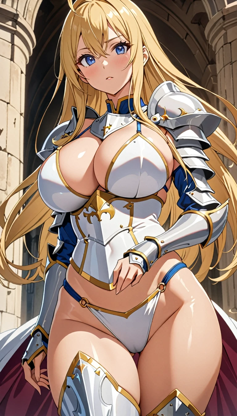 ((masterpiece)), ((high quality)), ((super detailed)), ((high resolution)) ,((8k)), a beautiful woman, ((She is one of the most famous female holy knight)), unparalleled beauty, ((huge breast)), ((large ass)), ((deep cleavage)), slim waist, chest out, ultra detailed face, perfect skin, (((long blonde straight hair))), blue eyes,  detailed eyes, whole body image, (((anime))), ((glamorous)), 21 years old, ((incredibly beautiful woman)), ((The I cup bust)),  ((((bikini armor)))),  ((beautiful breasts)), beautiful legs, 8 life size, anime, the most beautiful and strongest, ((charm)), ((Grown-up face)), ((Perfect fingers)), ((Bewitching)), ((A young heroine)), ((((from below)))),