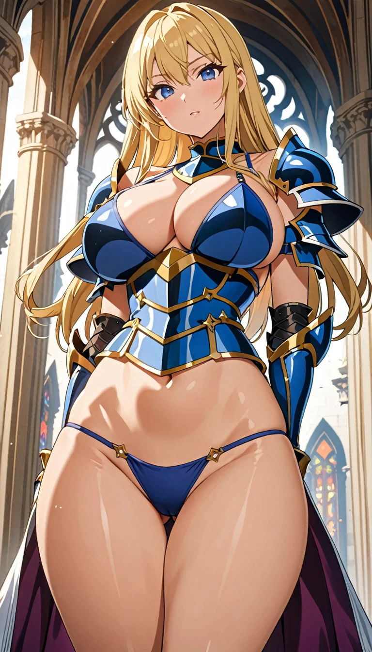 ((masterpiece)), ((high quality)), ((super detailed)), ((high resolution)) ,((8k)), a beautiful woman, ((She is one of the most famous female holy knight)), unparalleled beauty, ((huge breast)), ((large ass)), ((deep cleavage)), slim waist, chest out, ultra detailed face, perfect skin, (((long blonde straight hair))), blue eyes,  detailed eyes, whole body image, (((anime))), ((glamorous)), 21 years old, ((incredibly beautiful woman)), ((The I cup bust)),  ((((bikini armor)))),  ((beautiful breasts)), beautiful legs, 8 life size, anime, the most beautiful and strongest, ((charm)), ((Grown-up face)), ((Perfect fingers)), ((Bewitching)), ((A young heroine)), ((((from below)))),