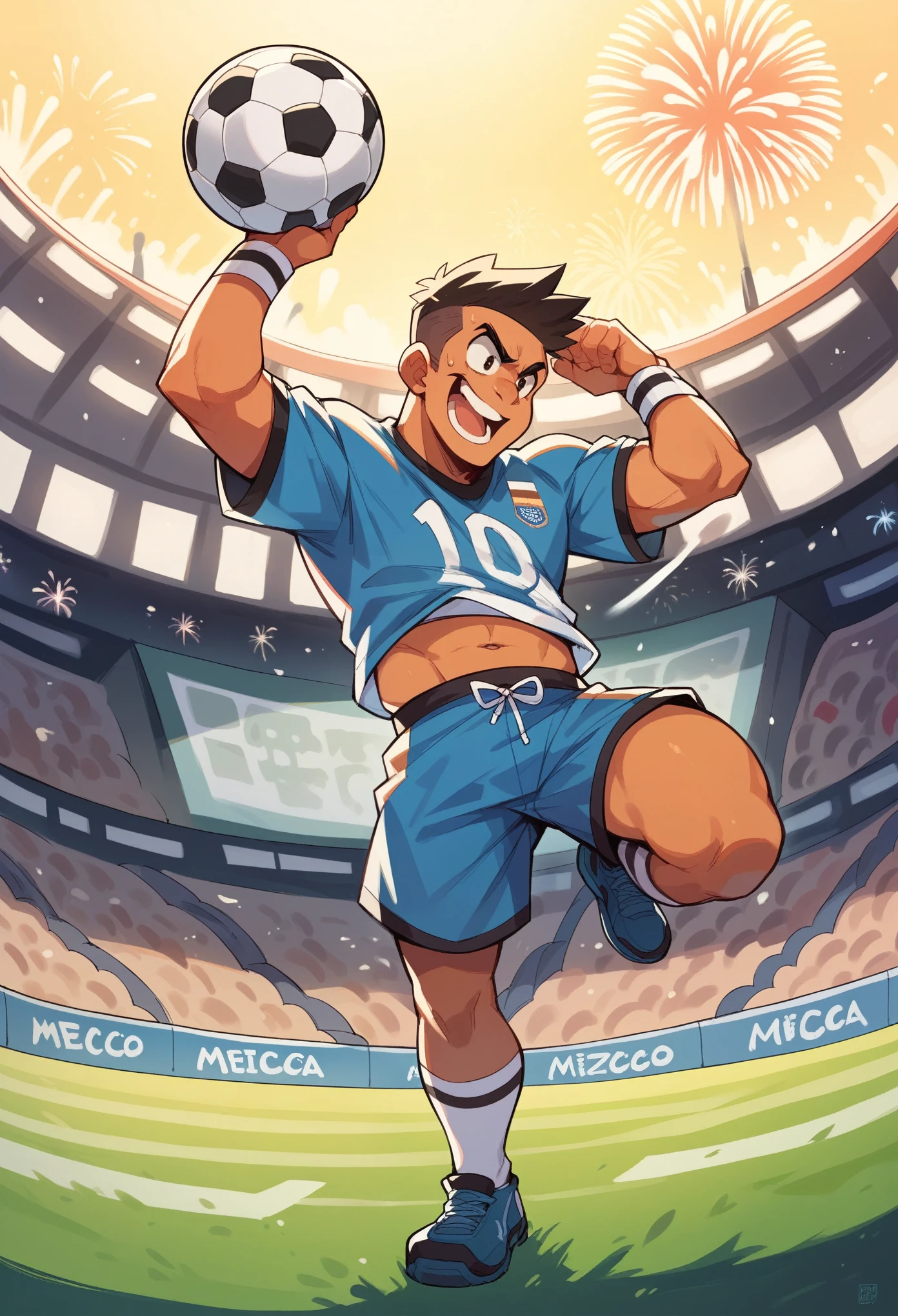 Create a stadium and a soccer cup with fireworks and with the letters that say Mexico