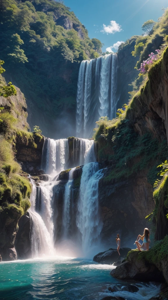 Two 12 year old high school girls...., very long hair like rapunzel, flower crown on head,princess face,innocent,bidding,totally naked ,erect nipples,big breasts, thin waist, long and shapely legs, whole body,barefoot, majestic and imposing waterfall,Field, flores, clear water, Pins,green grass, blue sky,ultra high definition, realist, vivid colors, muy detailed, UHD drawing, Pen and ink, perfect composition, beautiful, detailed, intricate, increíblemente detailed, octane rendering, trend on Artstation, 8k art photography, photorealist concept art, Soft natural volumetric cinematic perfect light.