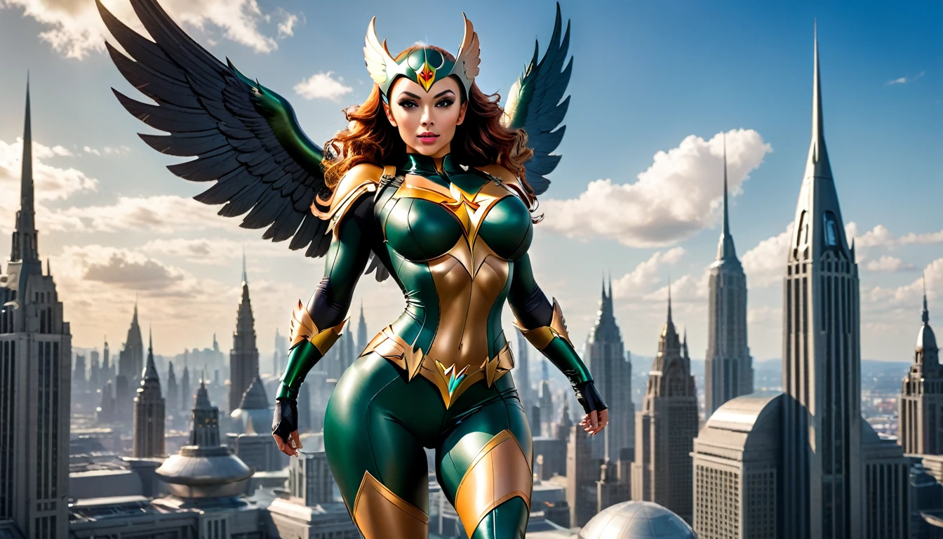 Hyperrealistic full body 8k image of DC's Hawkgirl flying in the air, beautiful, stunning and sensual, in a DC comics-like setting. She must have a curvy, toned, well-defined body, full breasts, with obvious curves that highlight her physical beauty. Wear her specific, elegant latex costume inspired by fantasy costumes from DC Comics that highlight her heroic feminine figure. Background skies of a large futuristic metropolis in daylight.
