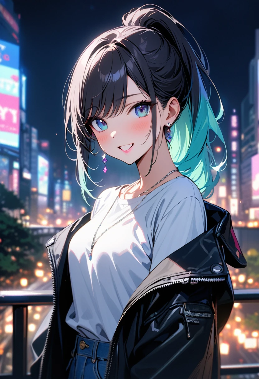 (masterpiece, best quality:1.3), (A young woman, 19-years-old, solo, Caucasian, black hair, cyan hair, gradient hair, ponytail, two-tone hair, swept bangs, pink lipstick, cheerful smile, mouth open, blue eyes, perfecteyes:1.1), (black leather jacket, white t-shirt, thin silver necklace, small silver earrings, light blue denim pants, Tokyo city, upper body, night:1.2)