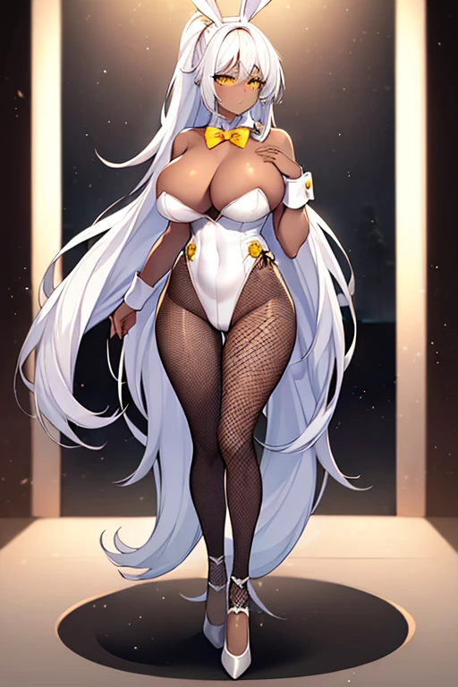 1girl, white hair, long hair, dark-skinned female, dark skin, yellow eyes, breasts, large breasts, bowtie, wide hips, fishnets, bunnysuit, leotard, white bunnysuit, shy, timid, ponytail, fishnet, fishnet pantyhose, fishnet legwear, high heels, full body, ((full body))