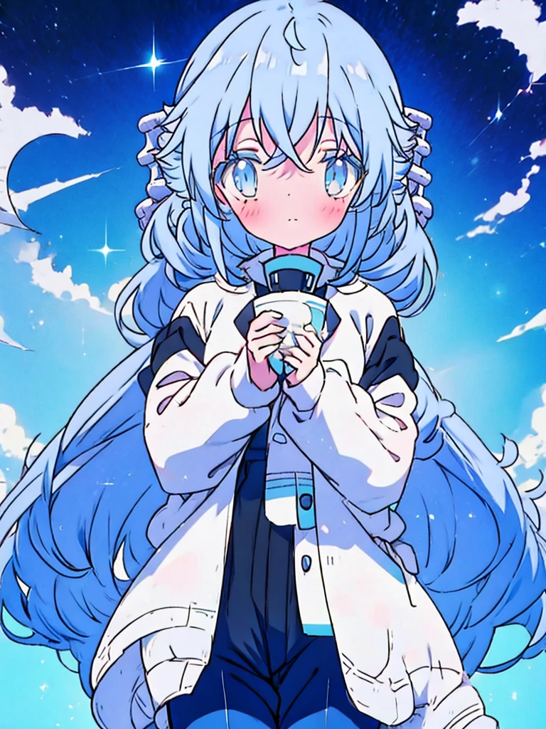 anime girl, long hair (russet hair), blue colored eyes, white jacket, black jersey, jeans