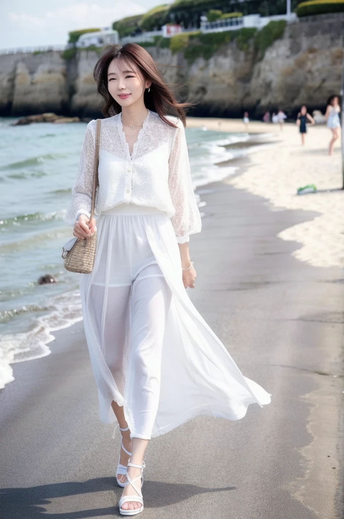 Woman strolling along the seaside　Beautiful and slender in her 30s　