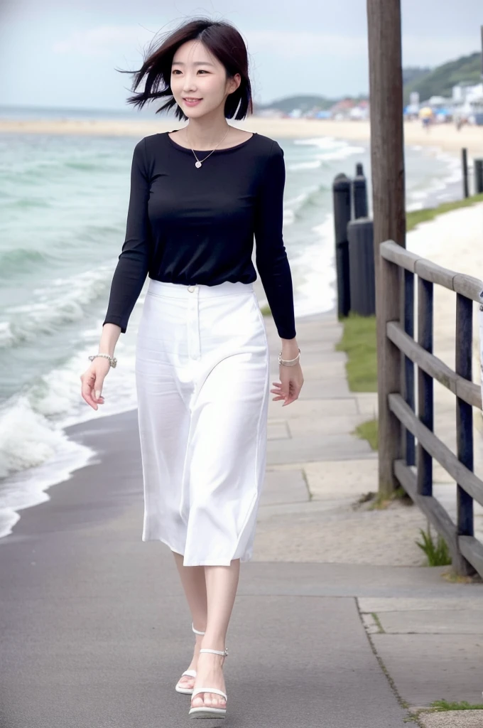 Woman strolling along the seaside Beautiful and slender in her 30s