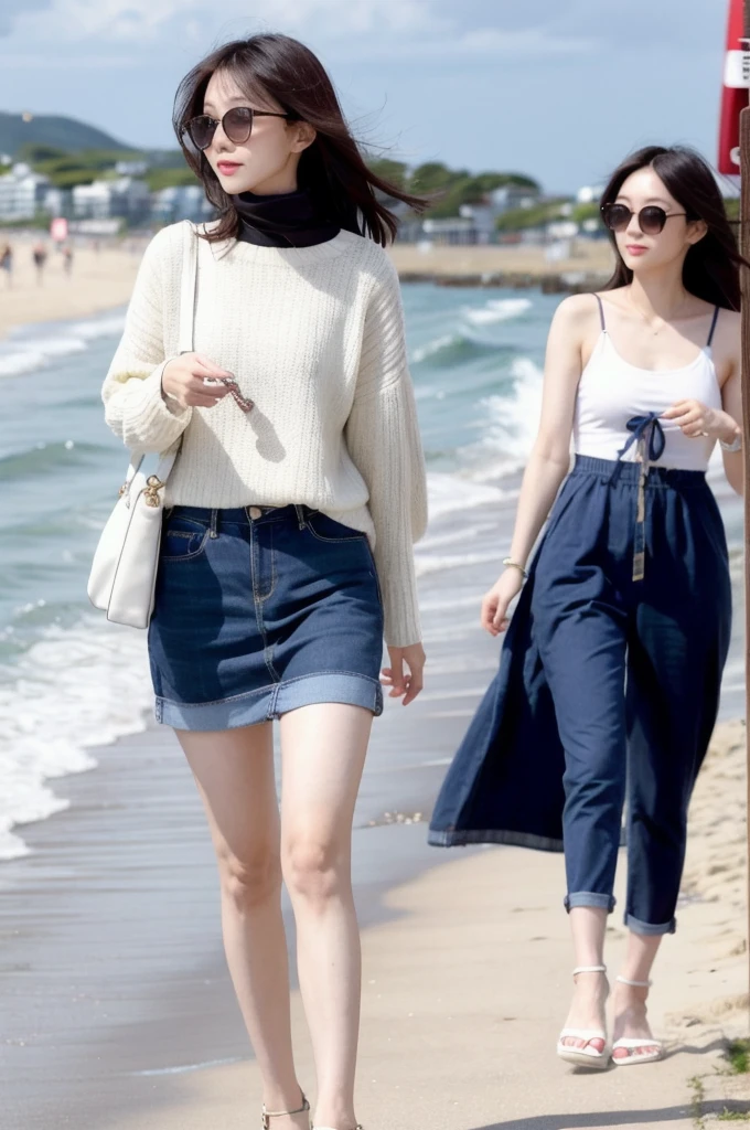 Woman strolling along the seaside Beautiful and slender in her 30s