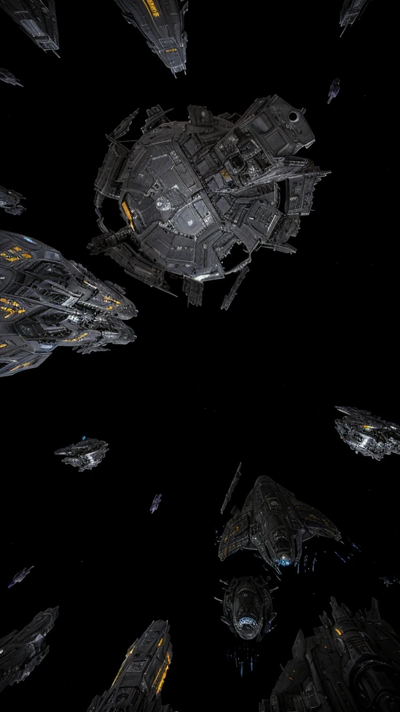 spaceships and a battle moon in a space with a black background, wide shot of a spaceship battle, spaceship in space in ruins, Epic realistic cinematic space battle, ominous space battle background, landing in epic space battle, sci - fi spaceship in combat, detailed space battle, photo realistic space battle, orbiting space ships, battle moon flying in background